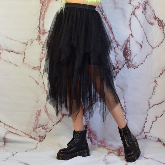 Black Tiered Mesh Midi Maxi Skirt