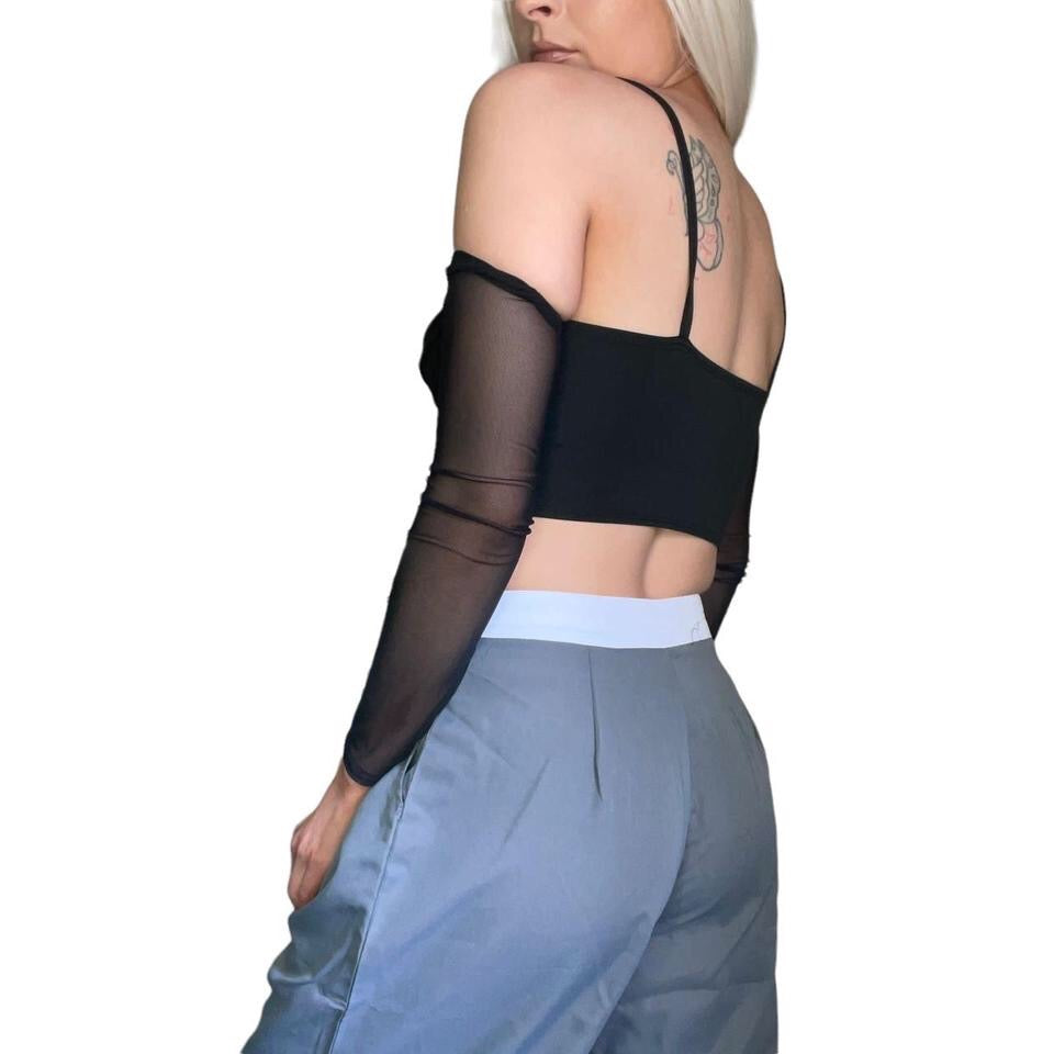 Black Corset Crop Top Mesh Arm Sleeves Set