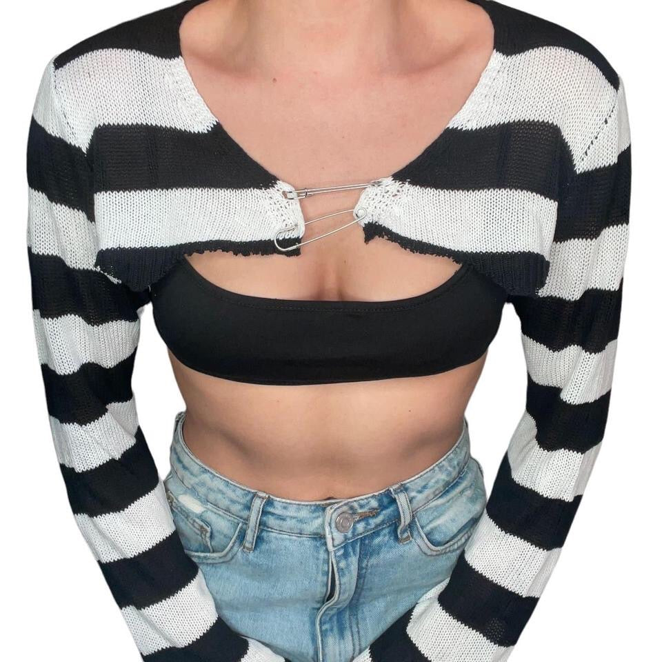 White and Black Striped Distressed Cropped Safety Pin Jumper