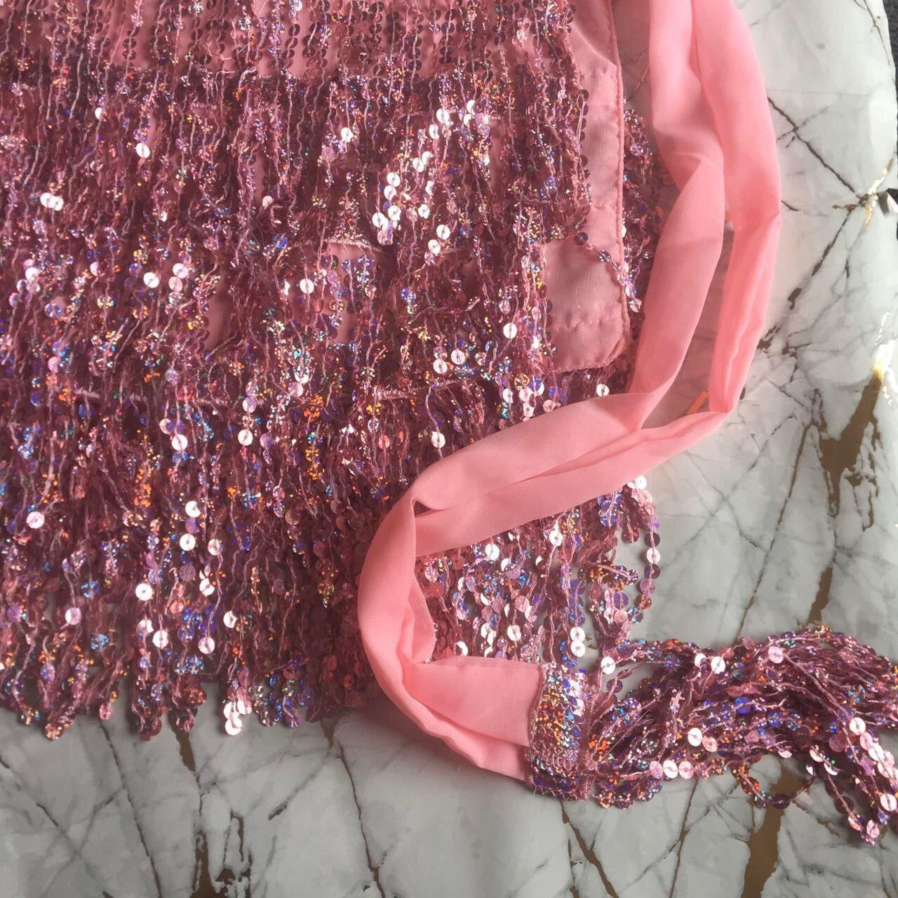Pastel Pink Sequin Tassel Wrap Mini Skirt