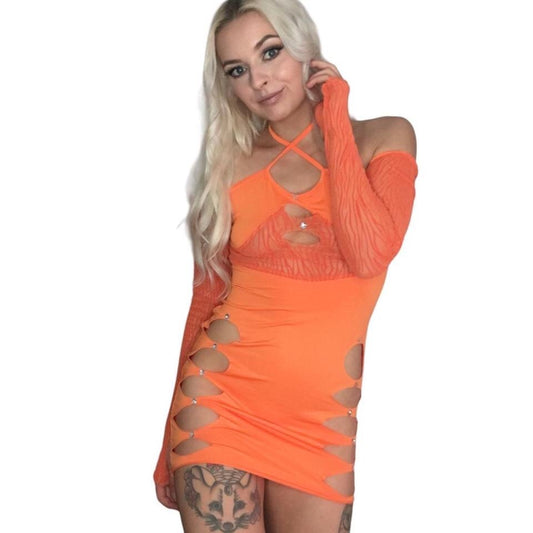 Orange Mesh Cut Out Bodycon Dress