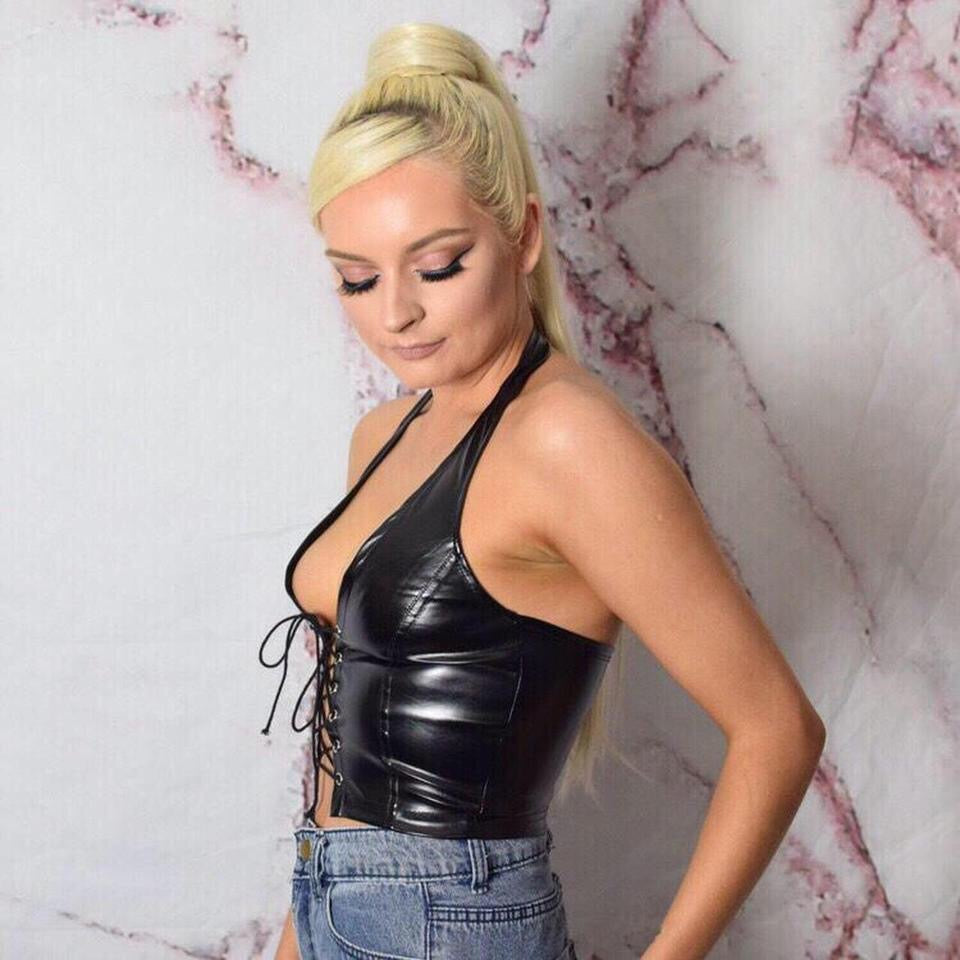 Black Faux Leather Lace Up Crop Top