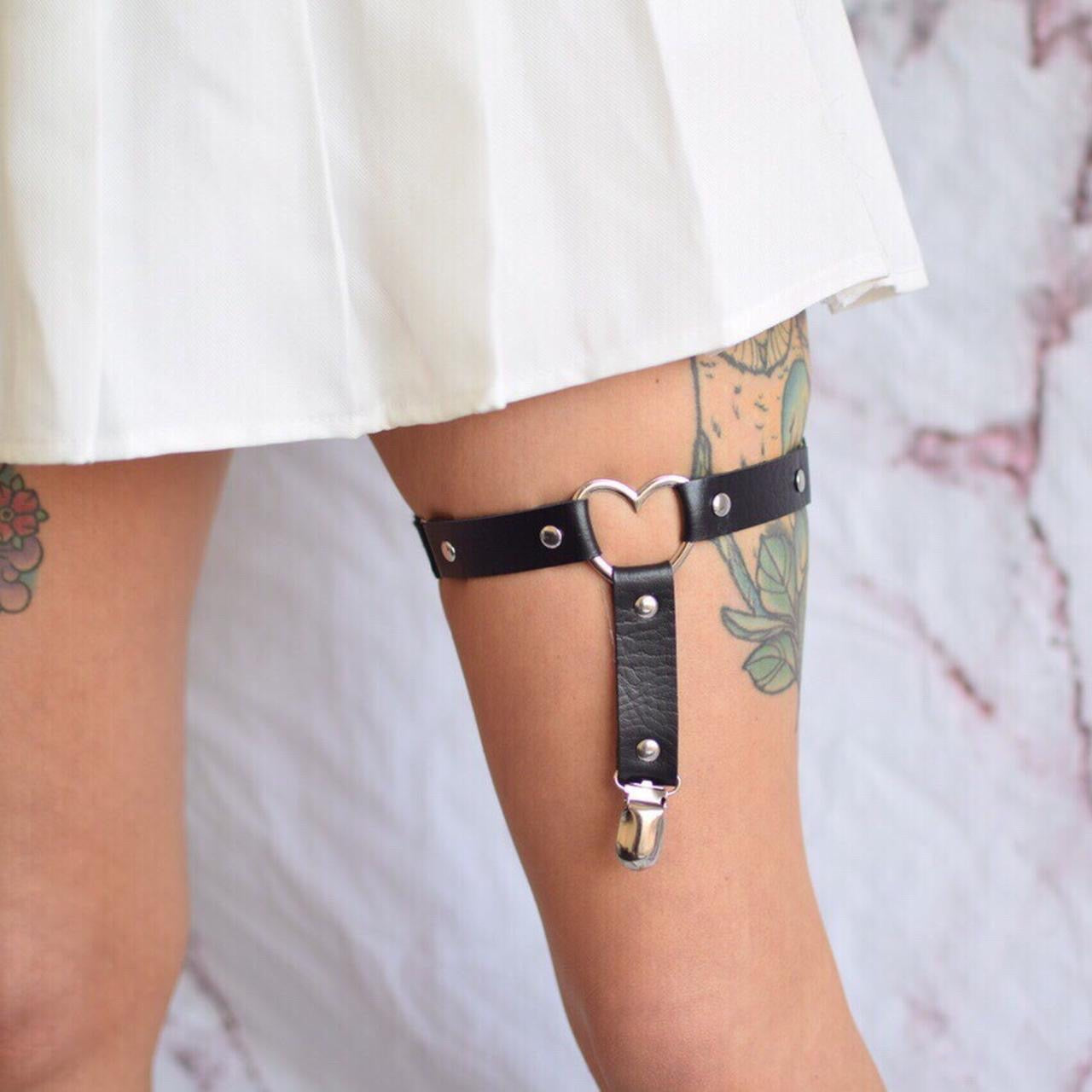 Black Faux Leather Heart Leg Garter