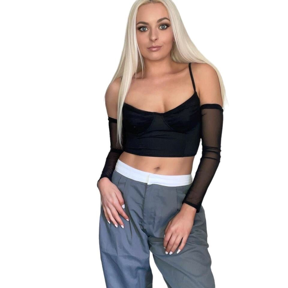 Black Corset Crop Top Mesh Arm Sleeves Set