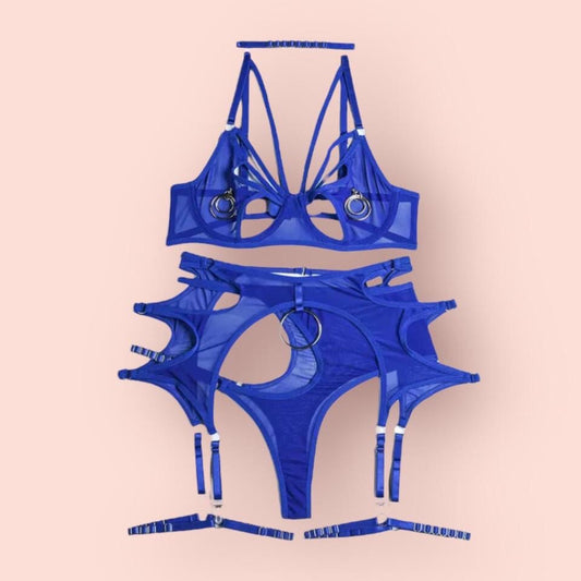 Blue Mesh O Ring Garter Lingerie Set