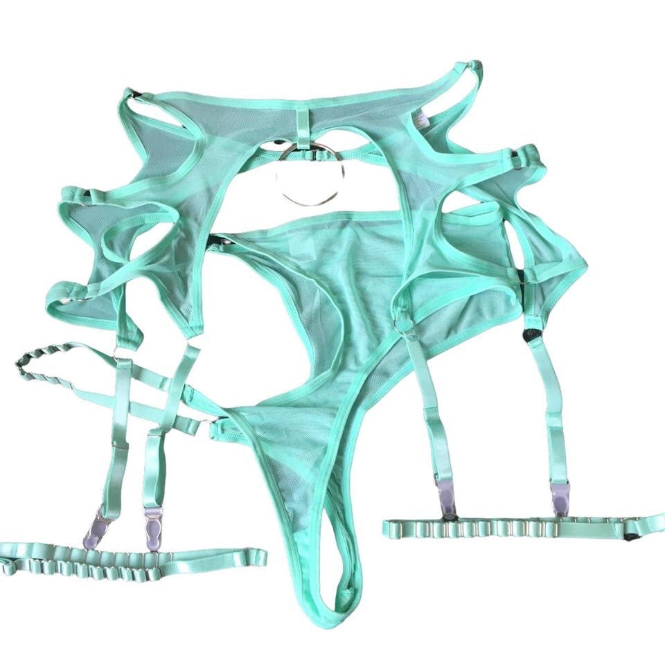 Turquoise Mesh O Ring Garter Lingerie Set