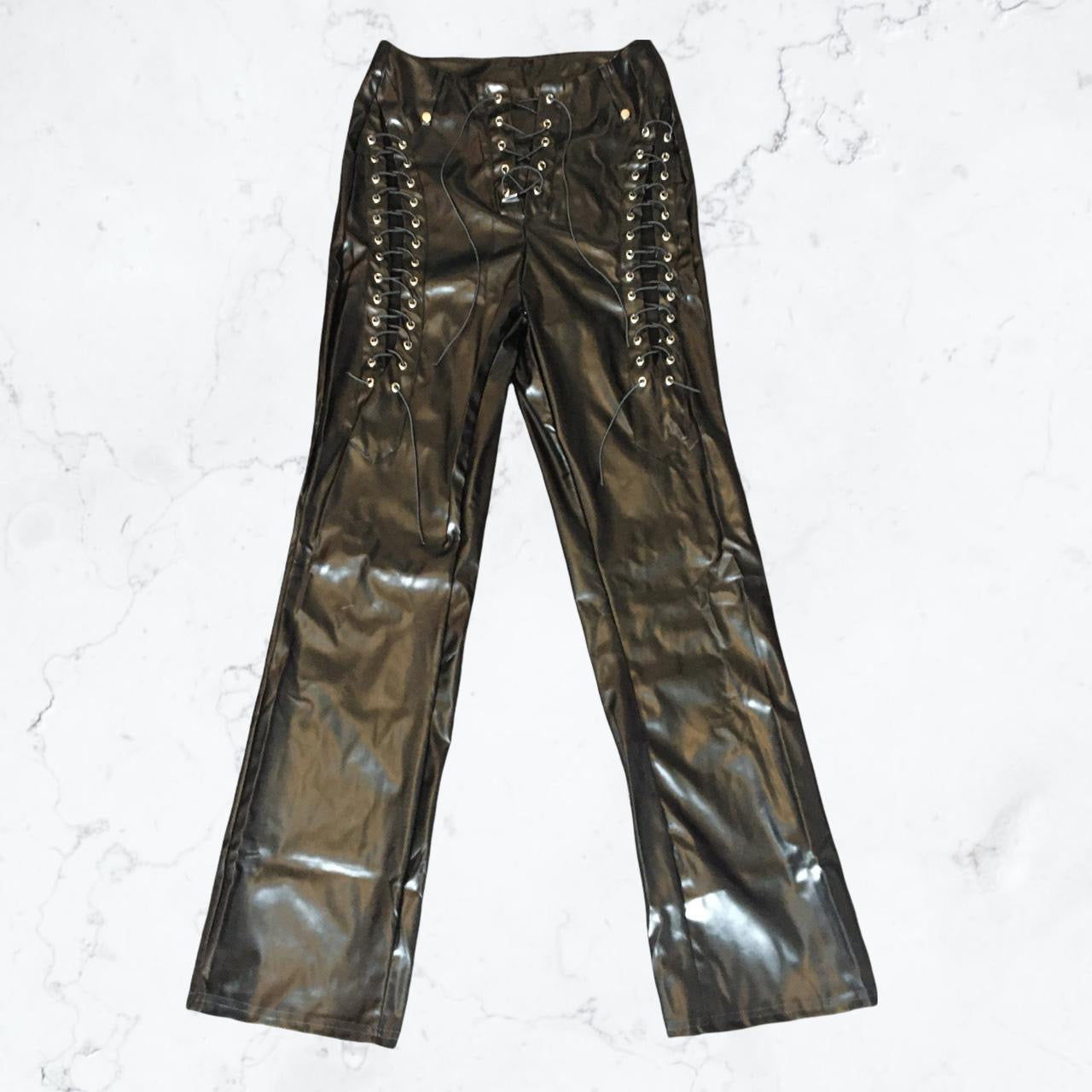 Black Faux Leather Lace Up Straight Leg Trousers