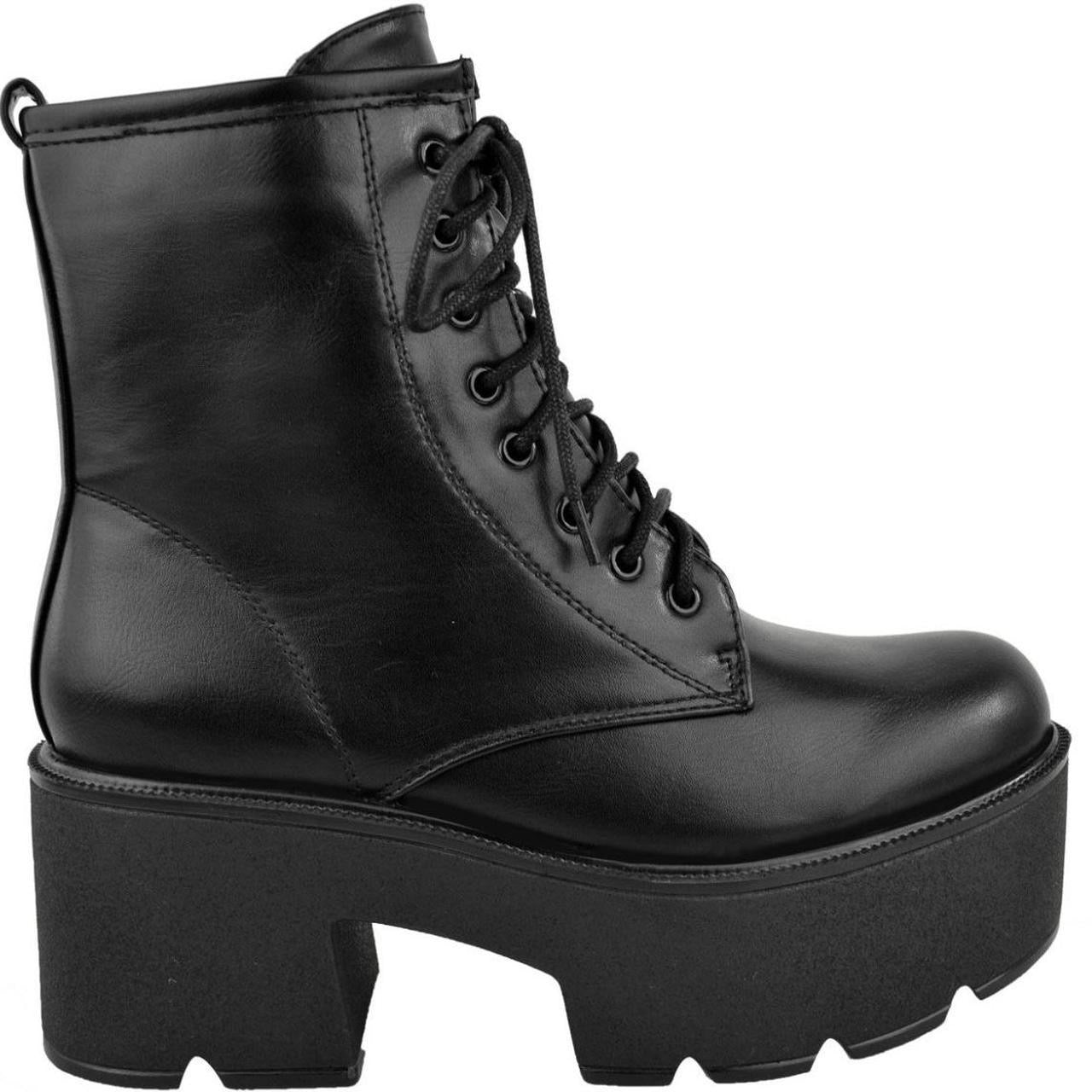 Black Matte Faux Leather Chunky Heel Combat Gothic Boots