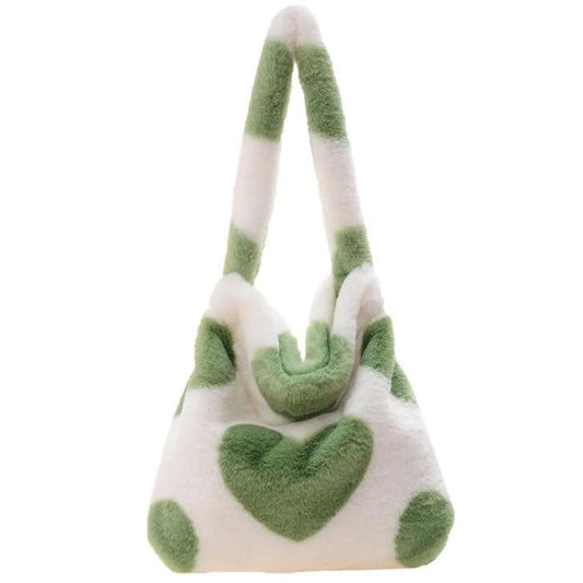 White and Green Heart Print Fluffy Shoulder Bag