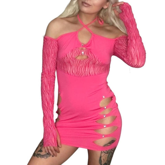 Pink Mesh Cut Out Bodycon Dress
