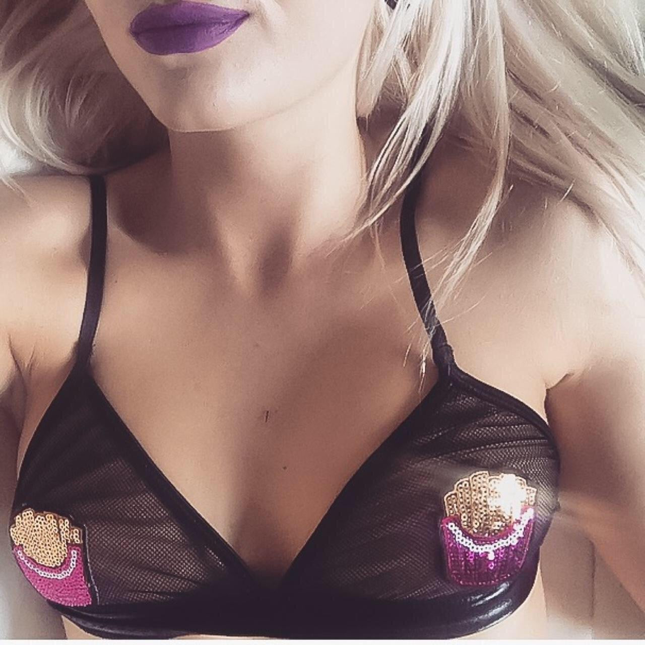 Sequin Fries Patch Mesh Faux Leather Bra