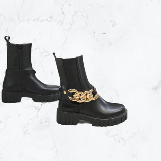 Black Faux Leather Gold Chain Ankle Boots
