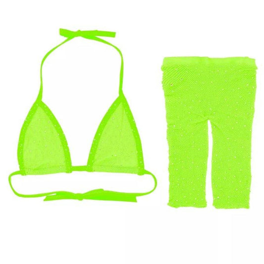 Neon Green Mesh Rhinestone Shorts Crop top Co-Ord Set