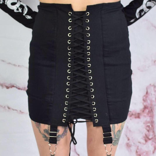 Black Bandage Lace Up Suspender Mini Skirt