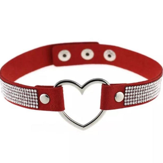 Red Faux Leather Rhinestone Heart Ring Choker