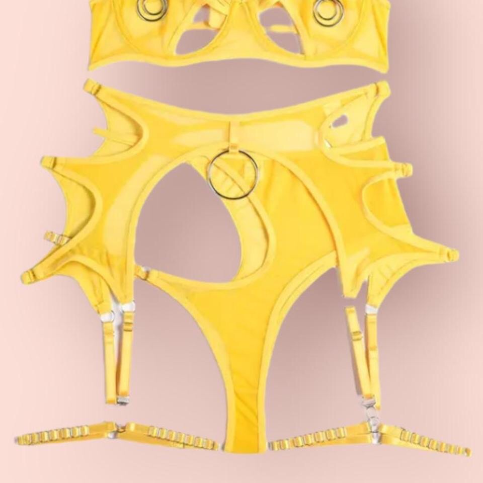 Yellow Mesh 4 Piece O ring Lingerie Garter Set