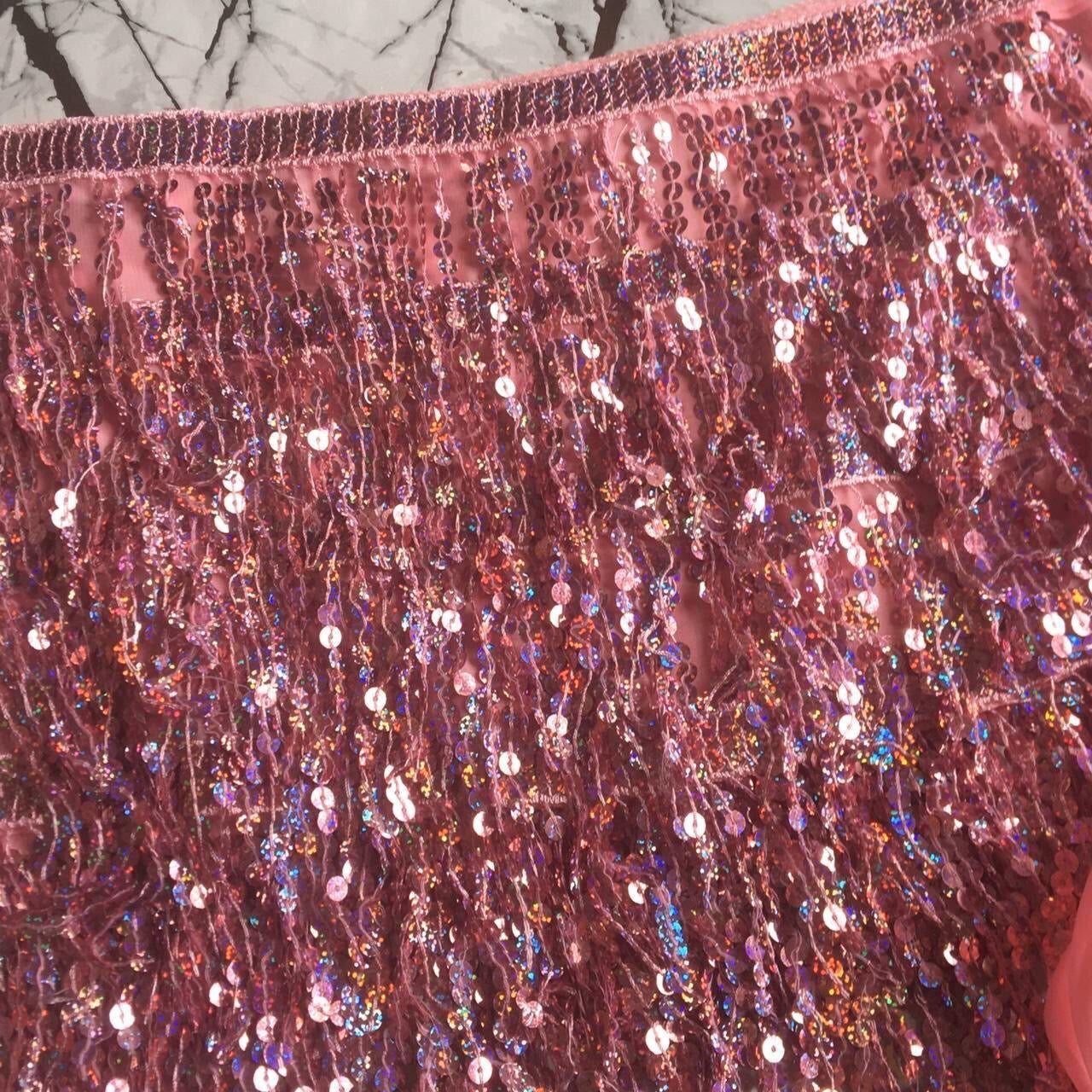 Pastel Pink Sequin Tassel Wrap Mini Skirt