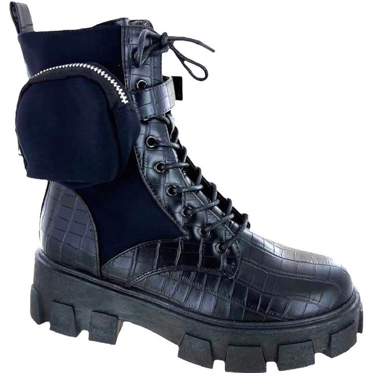 Black Faux Leather Crocodile Combat Purse Boots
