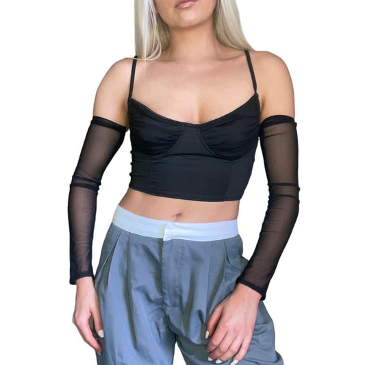 Black Corset Crop Top Mesh Arm Sleeves Set