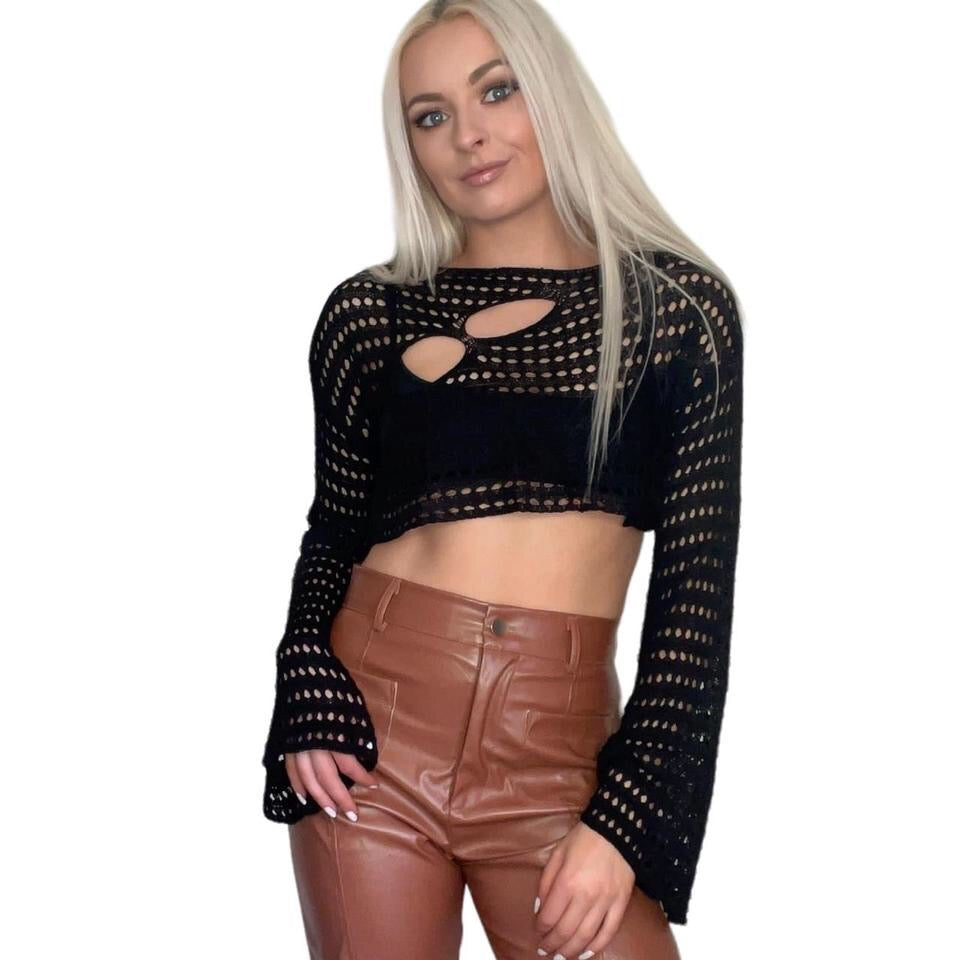 Black Open Knit Cropped Long Sleeve Jumper