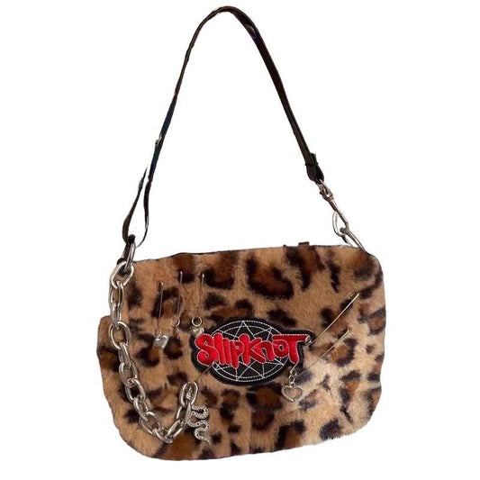 Brown Leopard Print Plush Punk Chain Shoulder Bag