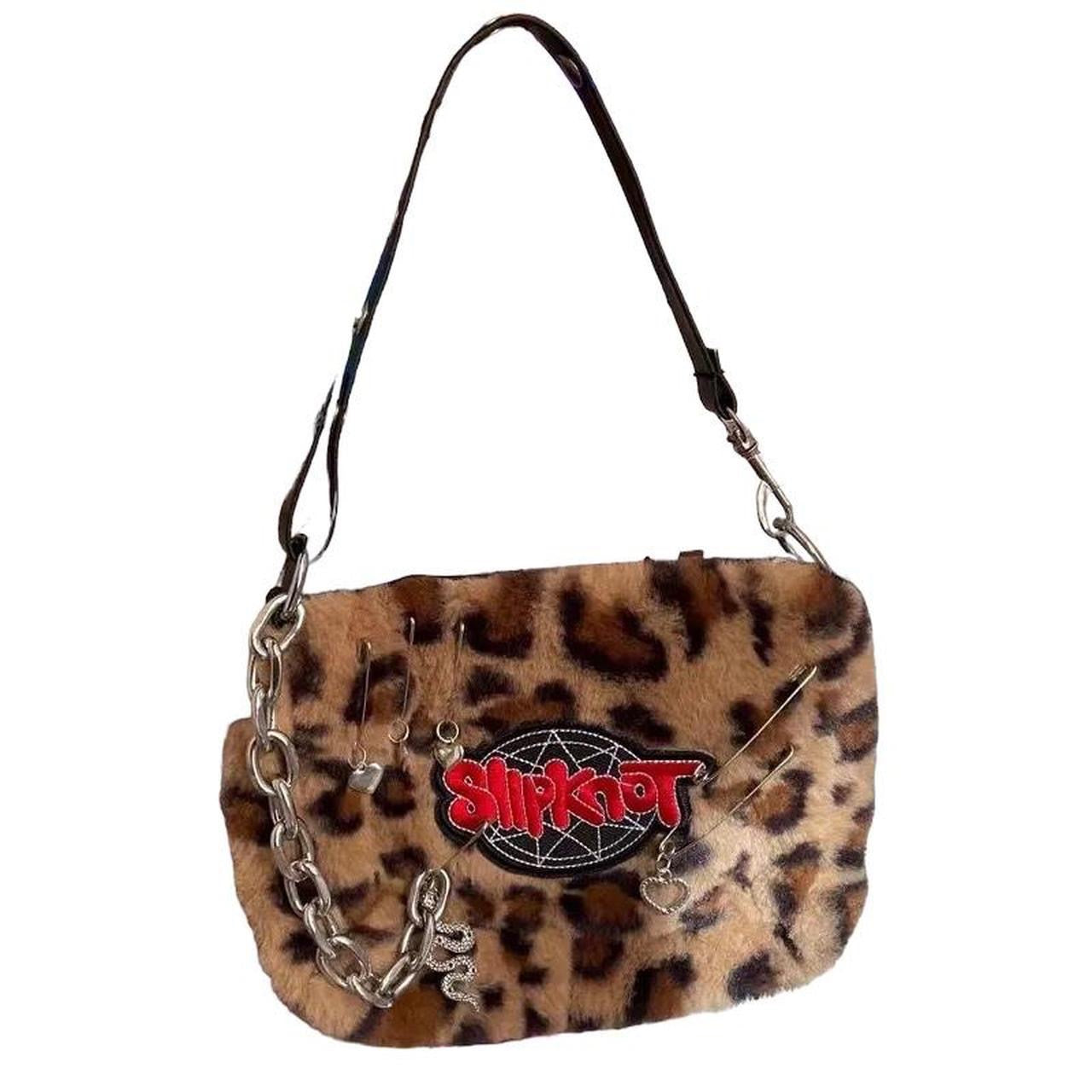 Brown Leopard Print Plush Punk Chain Shoulder Bag
