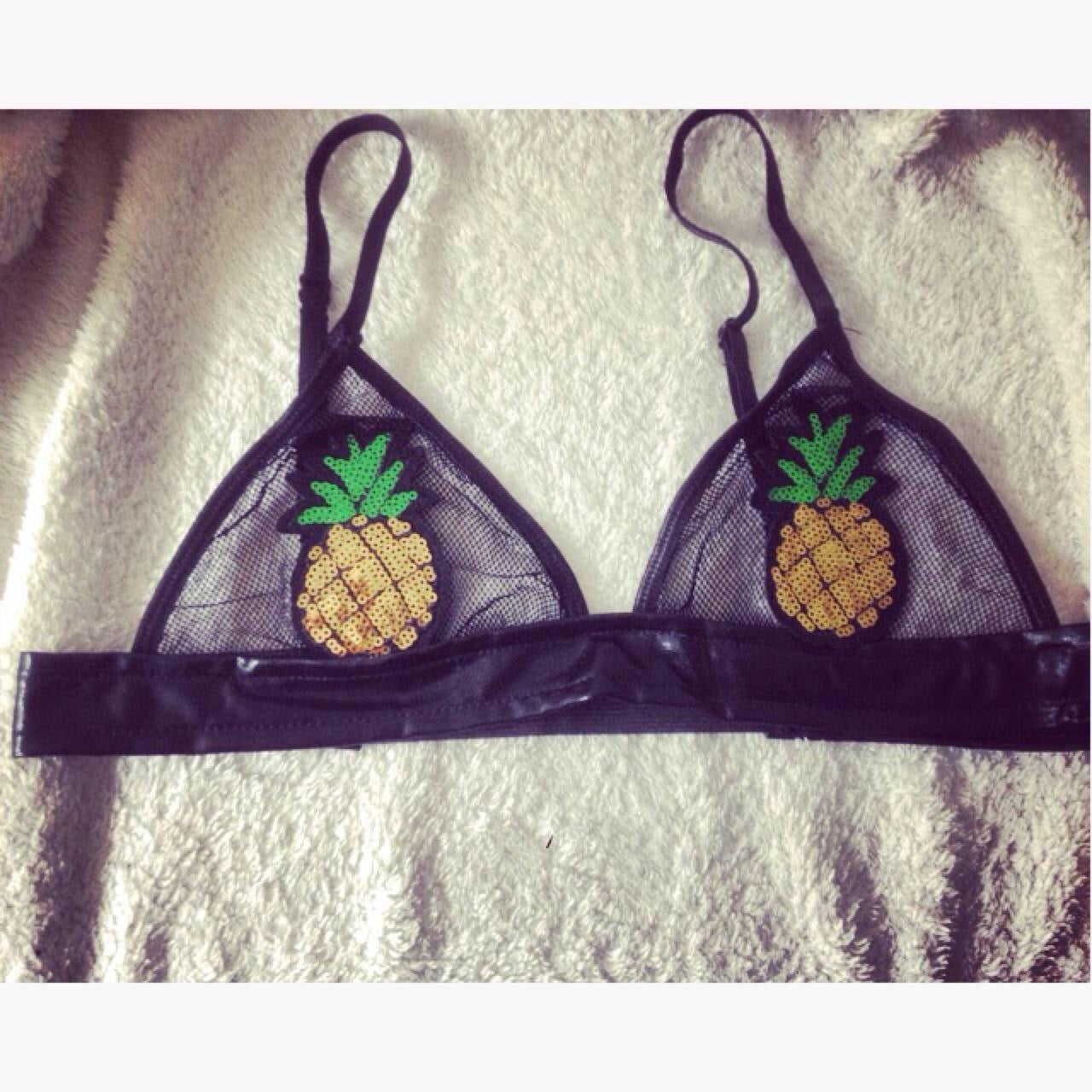 Pineapple Sequin Patch Mesh Faux Leather Bra