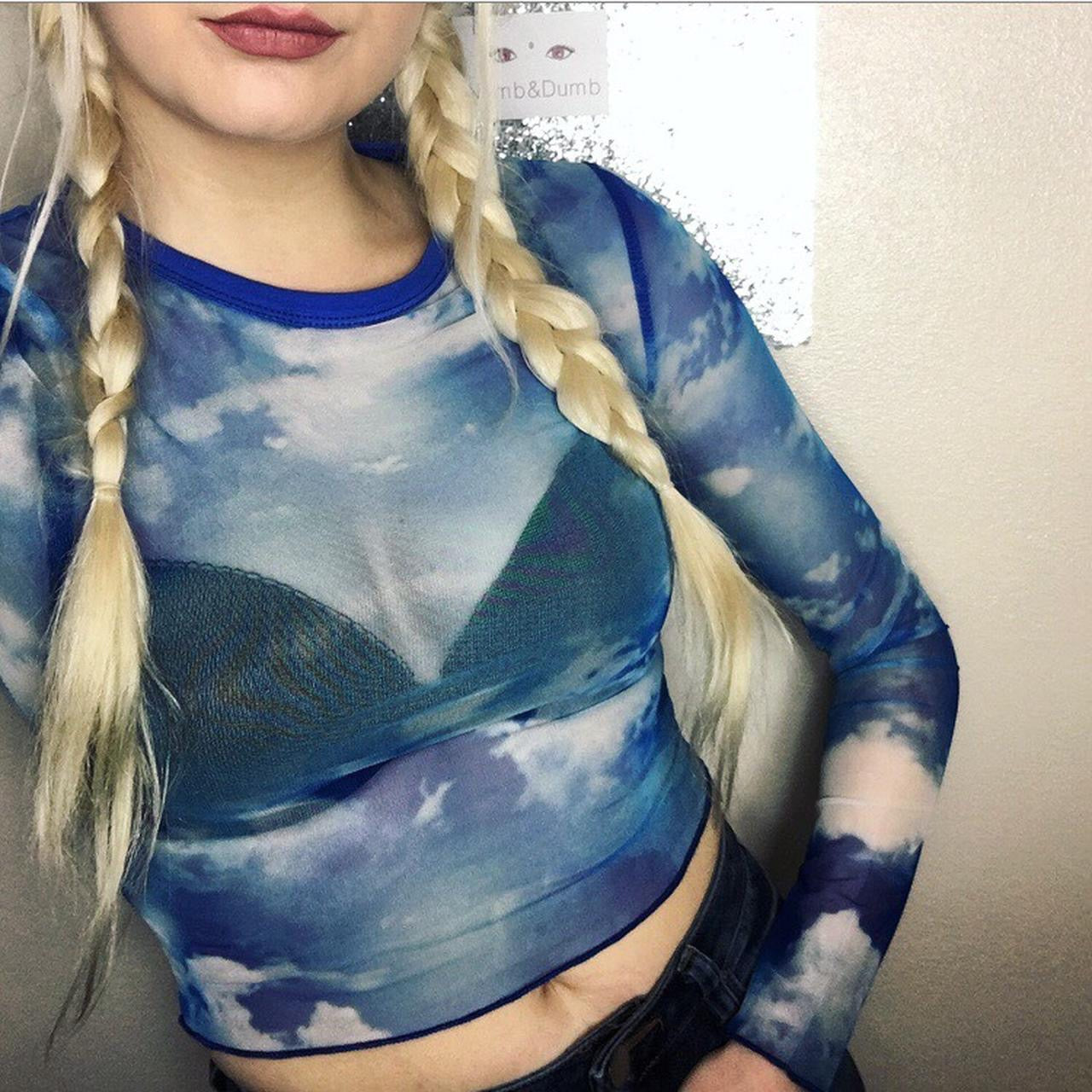 Blue Cloud Print Mesh Long Sleeve Crop Top