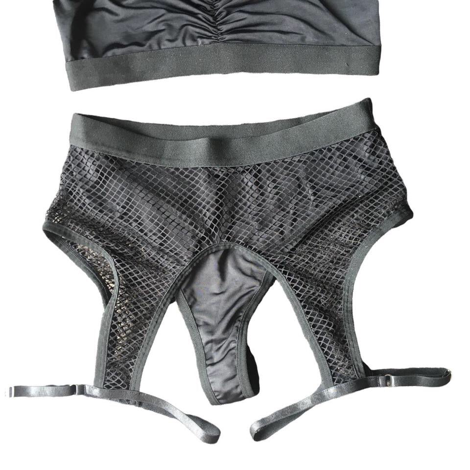Black Fishnet Rave 3 Piece Shorts Set