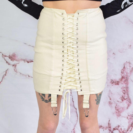 Cream Lace Up Bandage Suspender Mini Skirt