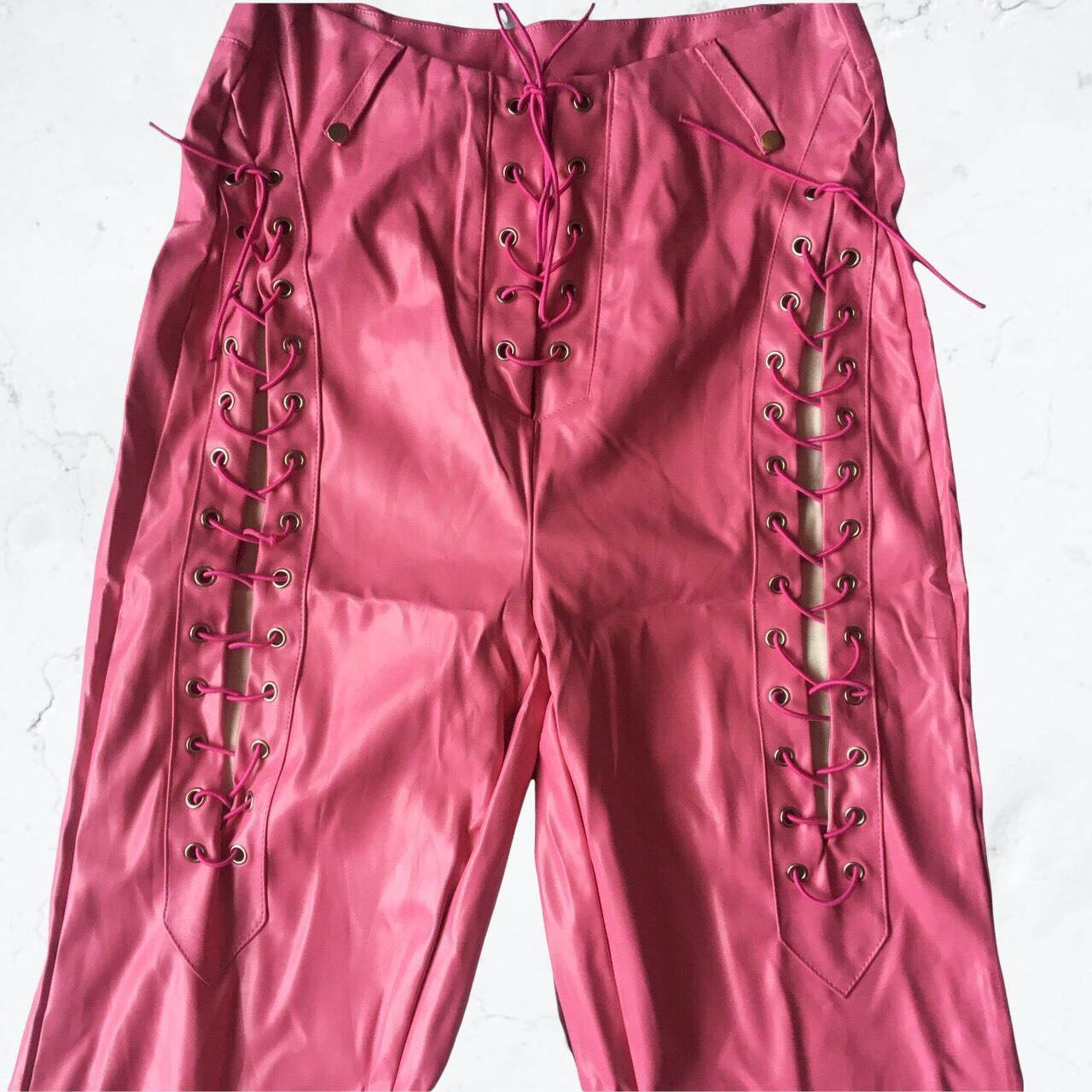 Pink Faux Leather Lace Up Straight Leg Trousers