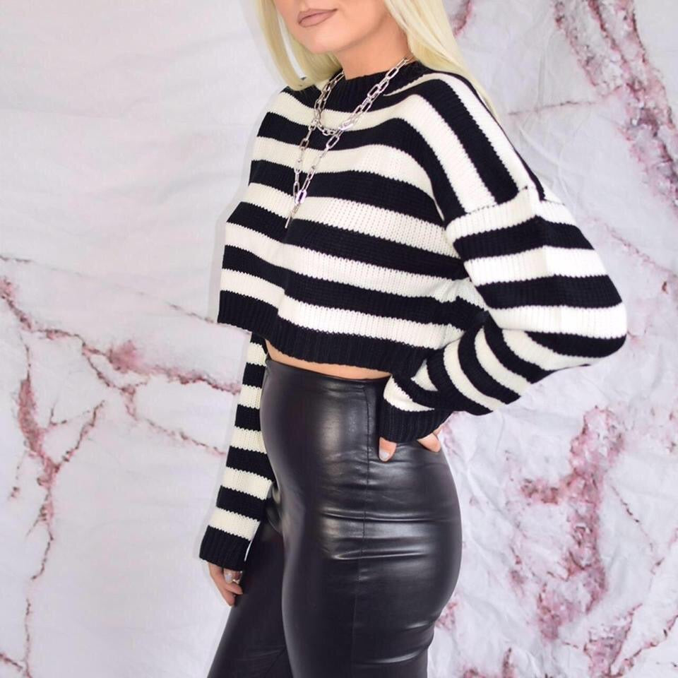 Black and White Striped Knitted Cropped Jumper