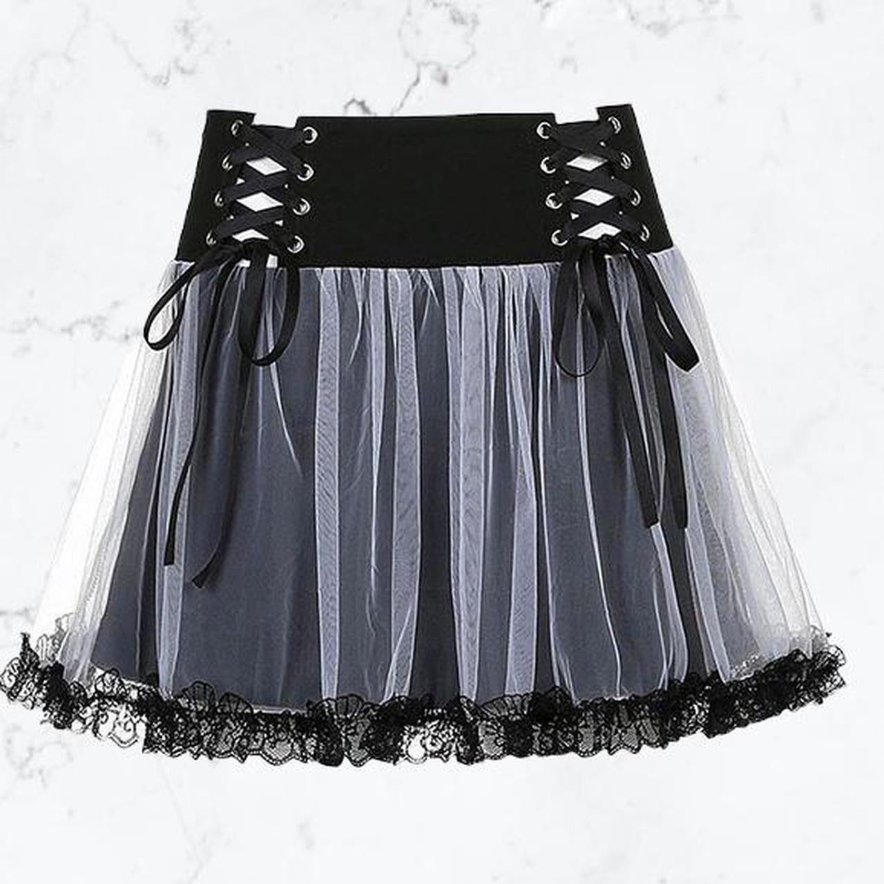 Black Lace Up Mesh Gothic Tutu Skater Skirt