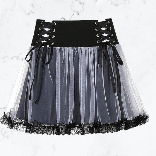 Black Lace Up Mesh Gothic Tutu Skater Skirt