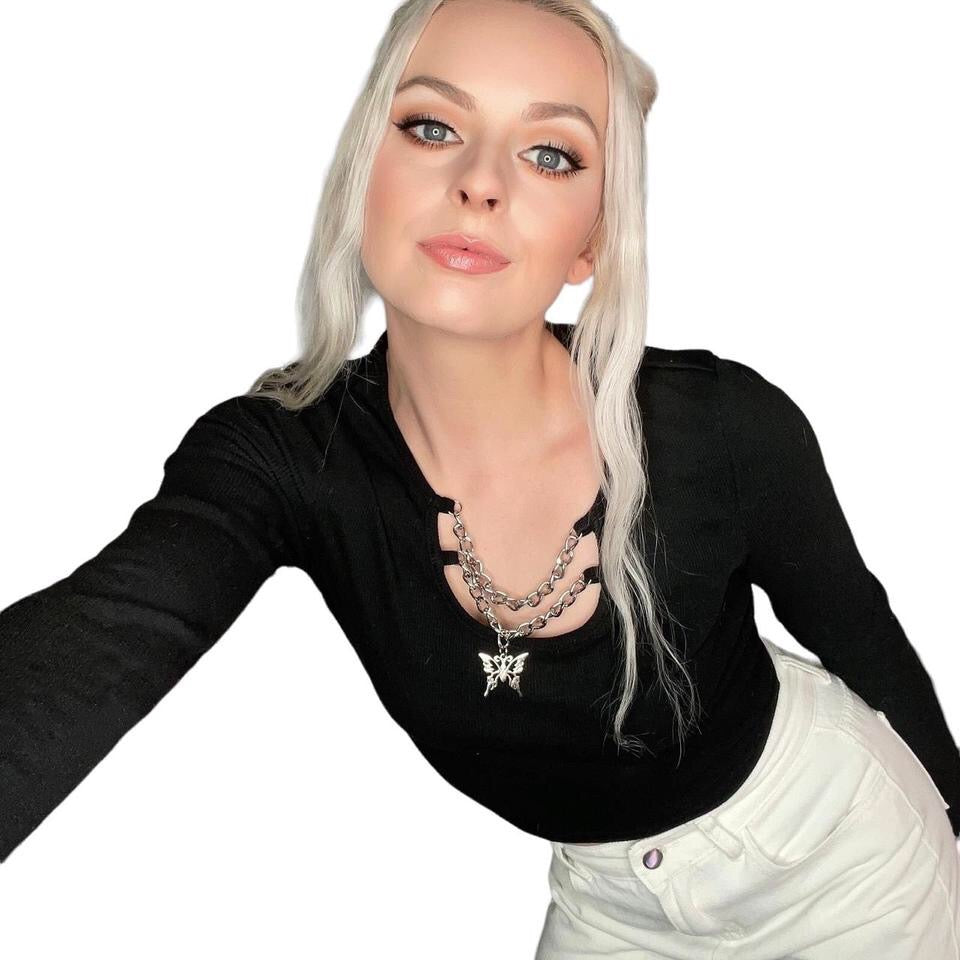 Black Chain Butterfly Long Sleeve Crop Top