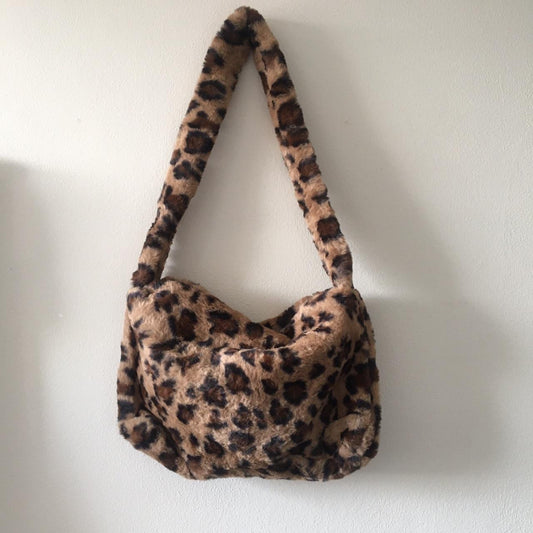 Brown Leopard Print Plush Fluffy Shoulder Bag