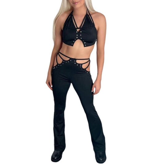 Black Cut Out Festival Flares and Crop Top Studded Set