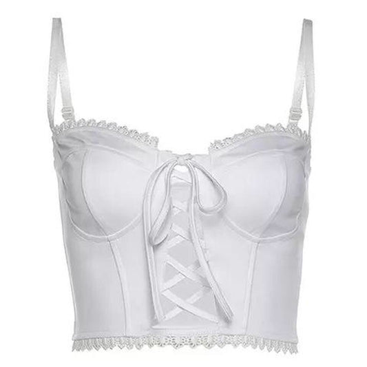 White Lace Up Front Corset Crop Top