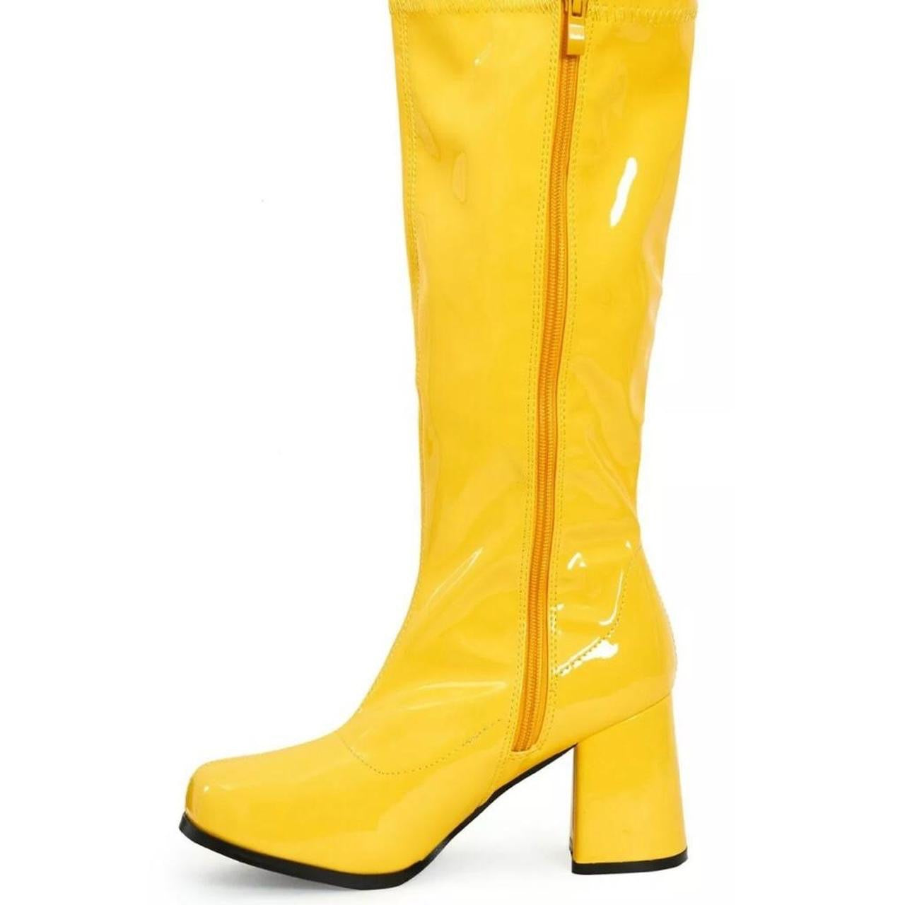 Yellow Patent Faux Leather Go Go Knee High Boots