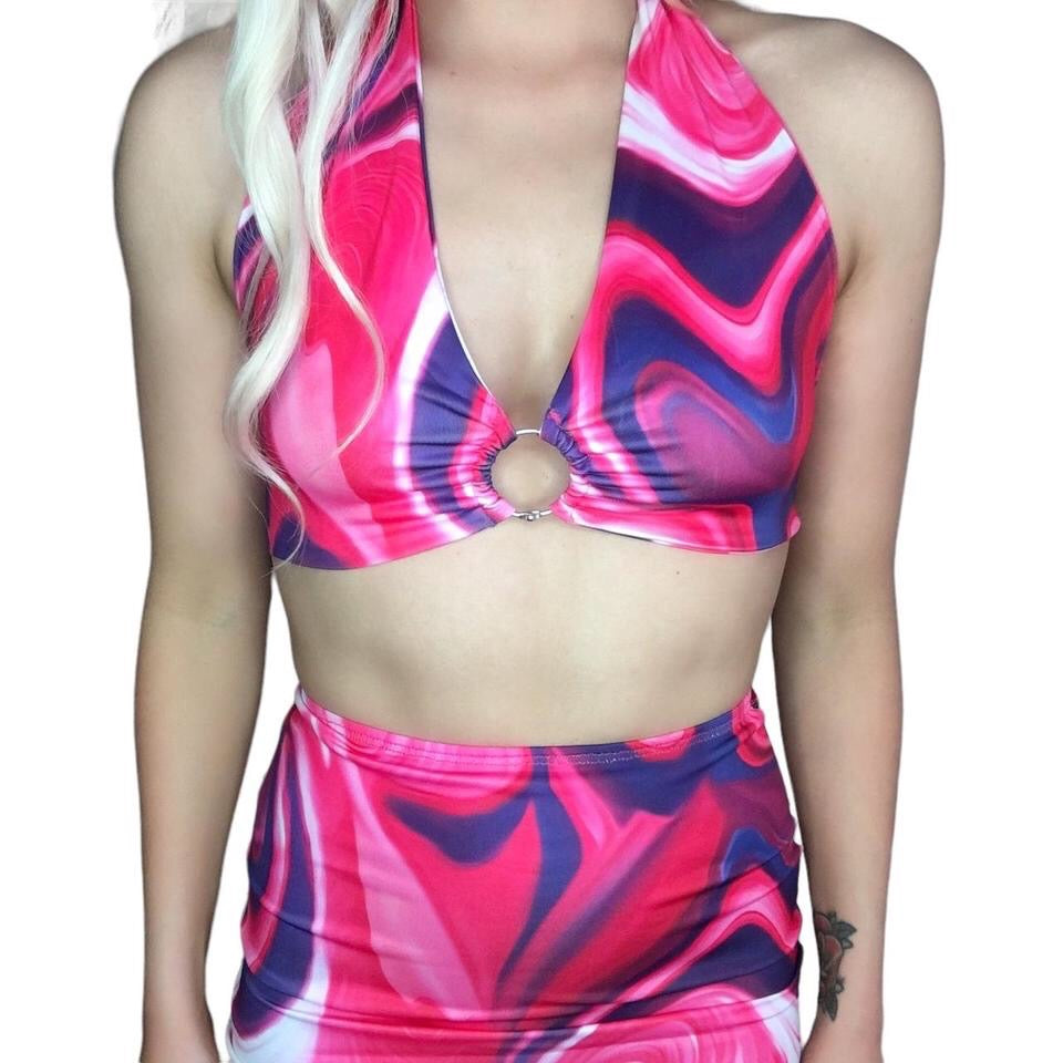 Pink Swirl O Ring Crop Top Skirt Co-Ord Set