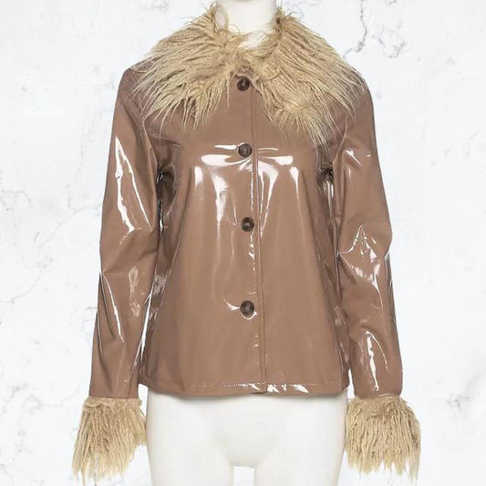 Brown PVC Fluffy Faux Leather Jacket
