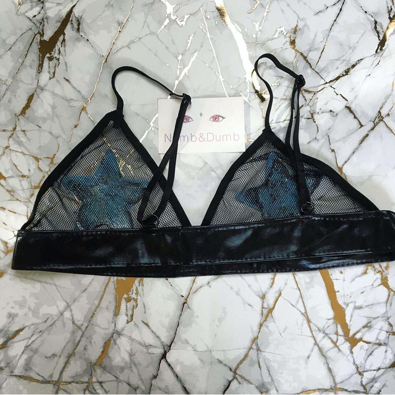 Blue Sequin Star Mesh Faux Leather Bra