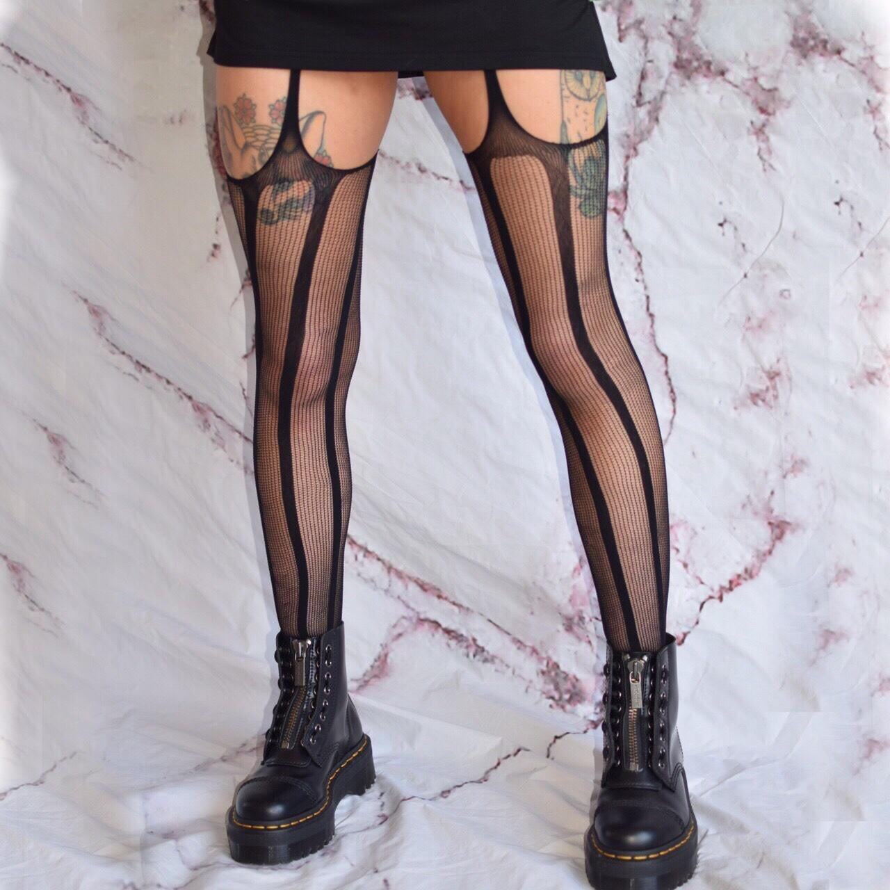Black Striped Mesh Suspender Leg Tights
