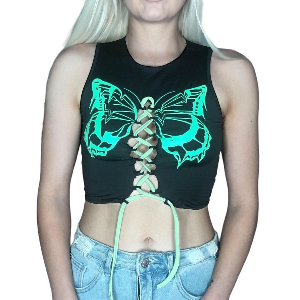 Black Butterfly Lace Up Crop Top