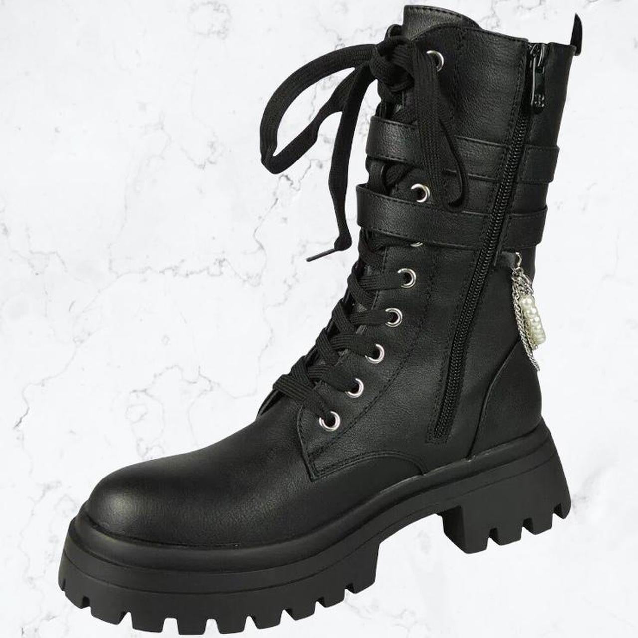 Black Faux Leather Pearl Chain Combat Boots