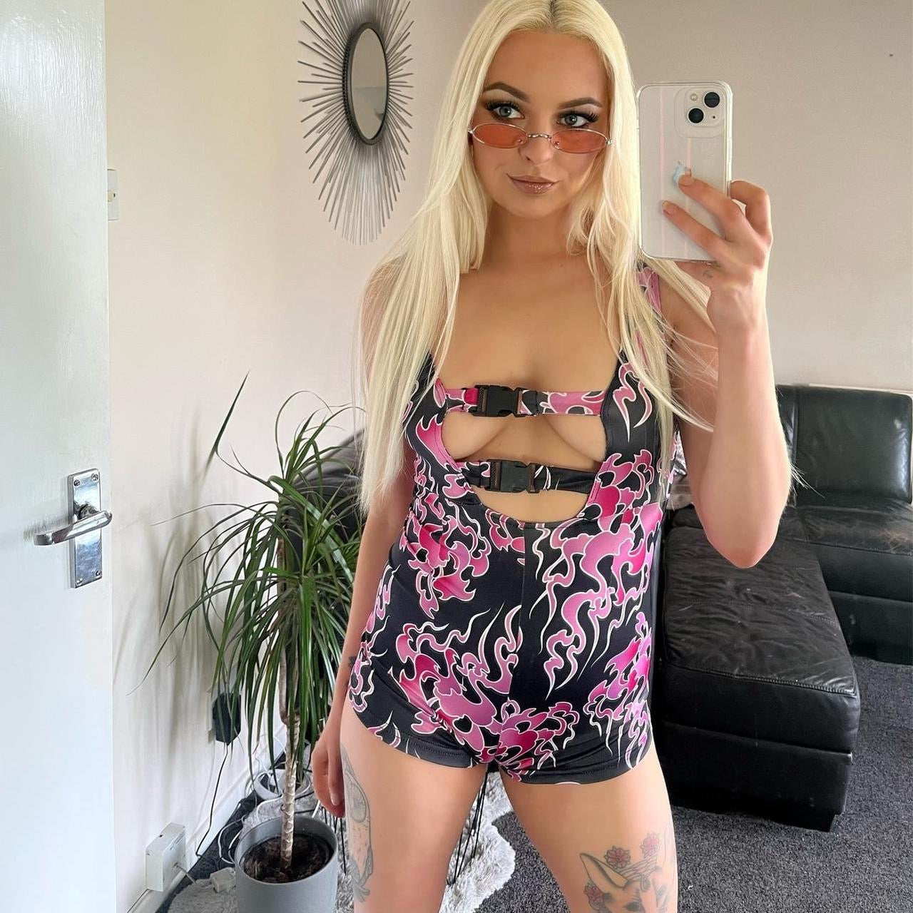 Black and Pink Flame Print Buckle Playsuit