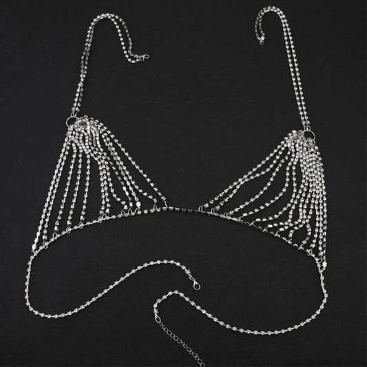 Silver Diamond Incrusted Chain Harness Bra