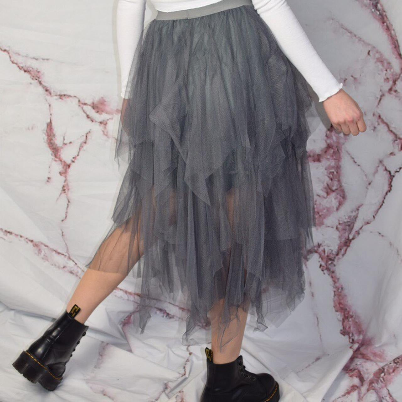 Grey Mesh Tiered Floaty Midi Maxi Skirt