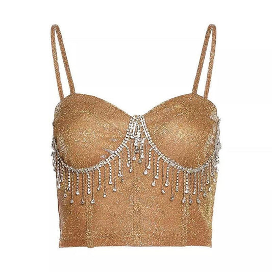 Gold Sparkle Diamanté Tassel Party Crop Top