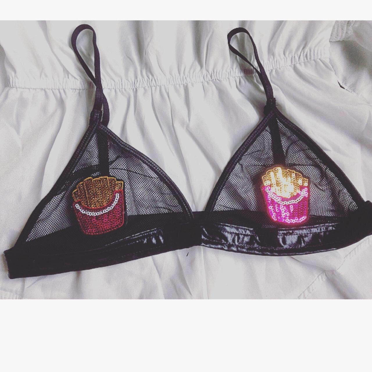 Sequin Fries Patch Mesh Faux Leather Bra